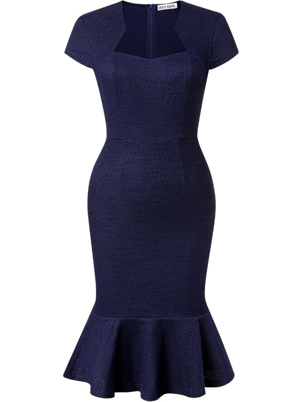 Women's Navy Cotton Blend Stretch Fabric Knee-Length Cap Sleeves Midi Bodycon